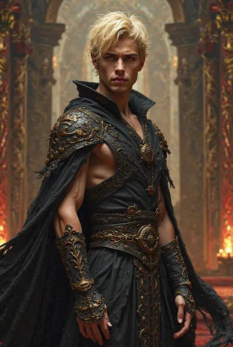 Young man with blond hair and red eyes.  He has a sporty physique . Dressed as a demon ruler. Image in the style of realism