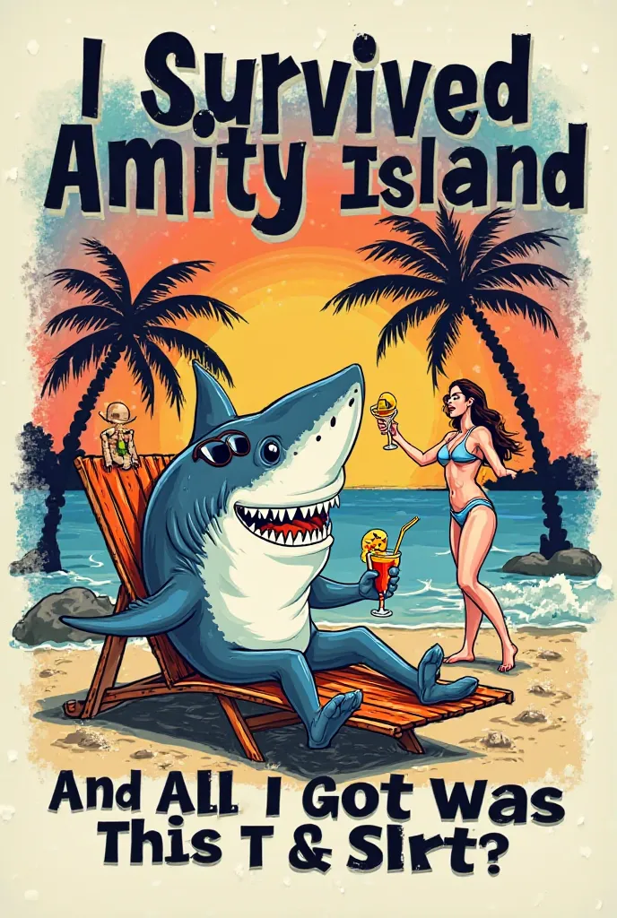 A humorous vintage-style T-shirt design featuring the phrase "I Survived Amity Island and All I Got Was This T-Shirt" in bold, distressed lettering. The design includes a cartoonishly exaggerated great white shark with a goofy grin, wearing sunglasses, and...