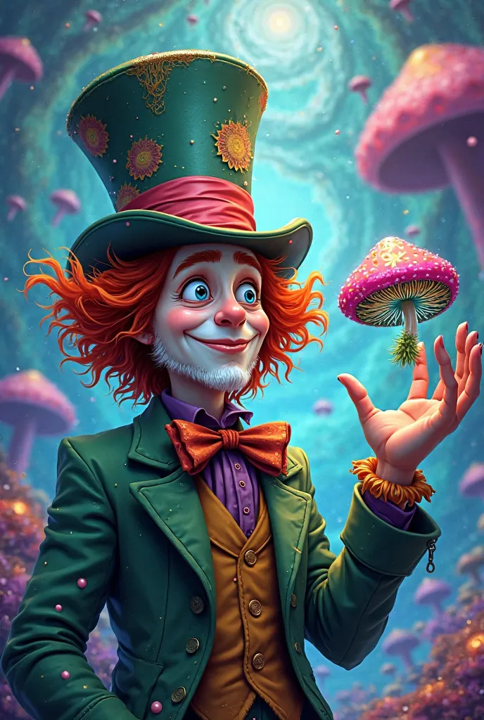 Create the image of the psychedelic mad hatter showing a psychedelic mushroom in his hand, With the light green jacket