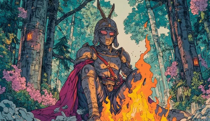 A medieval knight with a closed helmet around his head, Sitting by a bonfire in a forest- anime version