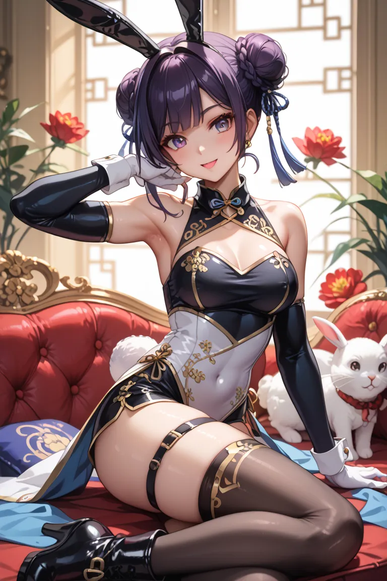 The characteristics of an elegant Chinese style bunny girl

1. • A Chinese dress style bunny suit：bunny suit made of red or gold shiny material。 black leather leggings that fit the body perfectly 、The characteristic standing collar of Chinese clothing tigh...