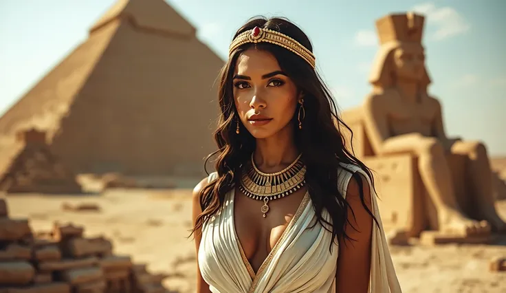 Anya queen of egypt have tan skin and black hair , wearing a white and gold egyptian clothes with cleavages beautiful body and pretty attractive face cinematic background scenary pyramids and statue of egyptian.