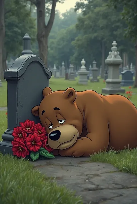 Create me an image of the Yogi Bear lying on a grave crying with a bouquet of red flowers