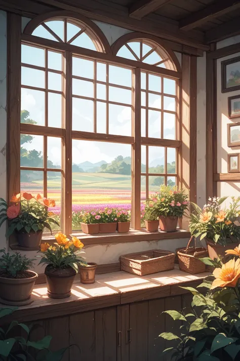 The window of the room where you can see the colorful flower fields。Windows are closed 。Watercolor-like pale colors。The side wall looks large。It&#39;s bright outside。