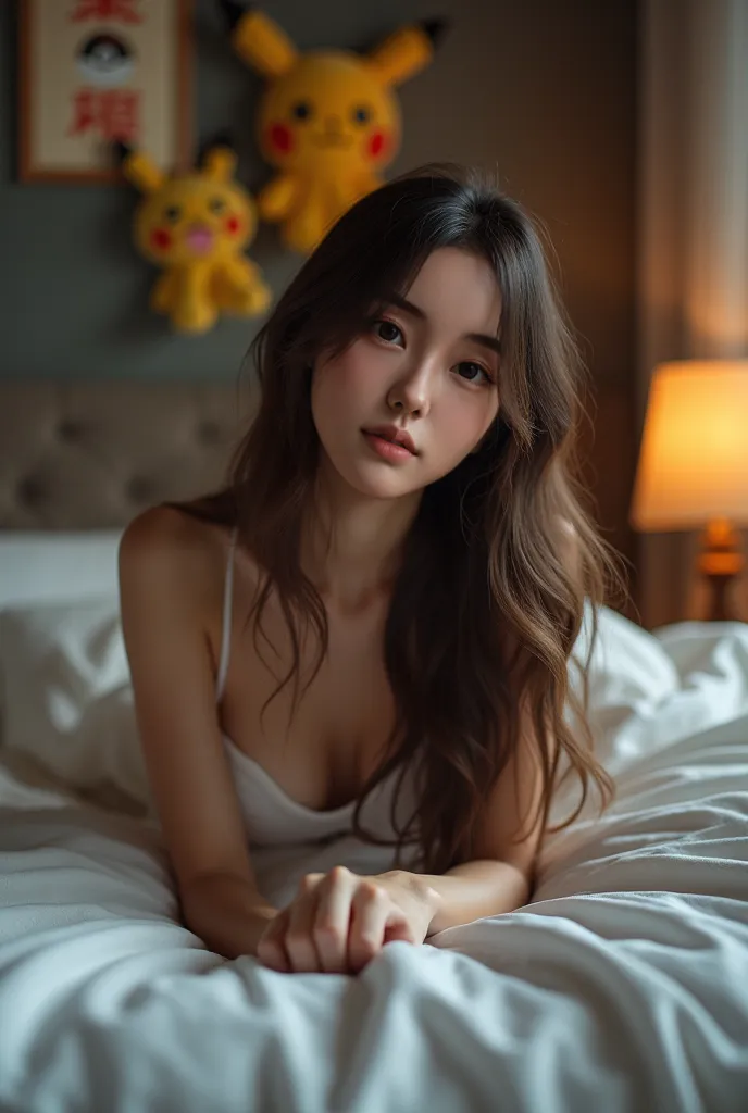 Create the body of this Asian model lying face down on a bed looking at the medium breasted camera in a bedroom with references to Pokémon