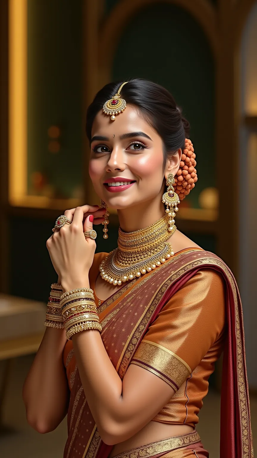 8k resolution Indian Golden jewellery, indian woman, brand ambassador wearing golden jewelleries and beautiful saree, golden showroom 