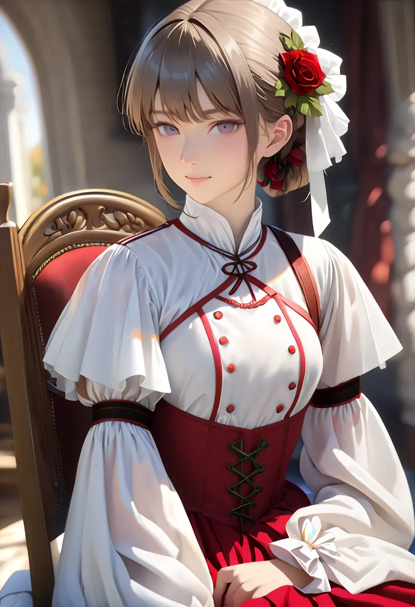 Florence Nightingale, (Ballet Costumes), sitting on a chair,  smiles at the camera,  white formal shirt, Loose color buttons , Swollen nipples, 長く緩い髪, (delicate illustration: 1.4), (renaissance art: 1.4), (Ultra High Resolution: 1.2), (photorealism: 1.4), ...