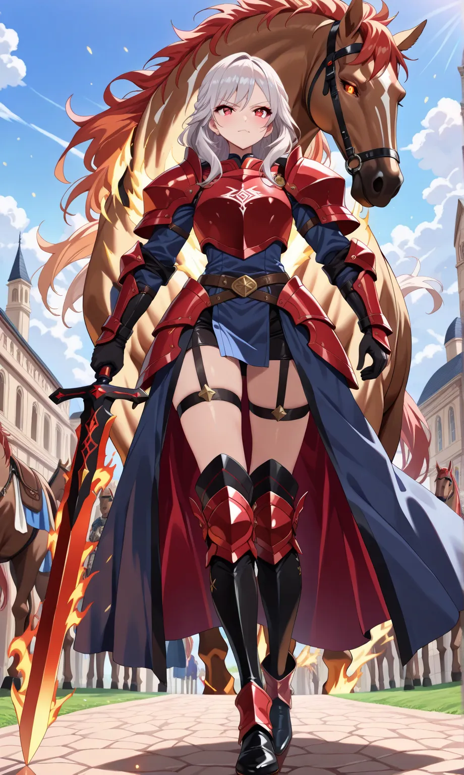 (((masterpiece, best quality, high detailed, 16k))) (1girl) A fearsome female warrior riding a crimson horse, her demonic armor a deep blood-red, with glowing embers. She wields a massive flaming sword, her eyes burning with fury. The landscape around her ...