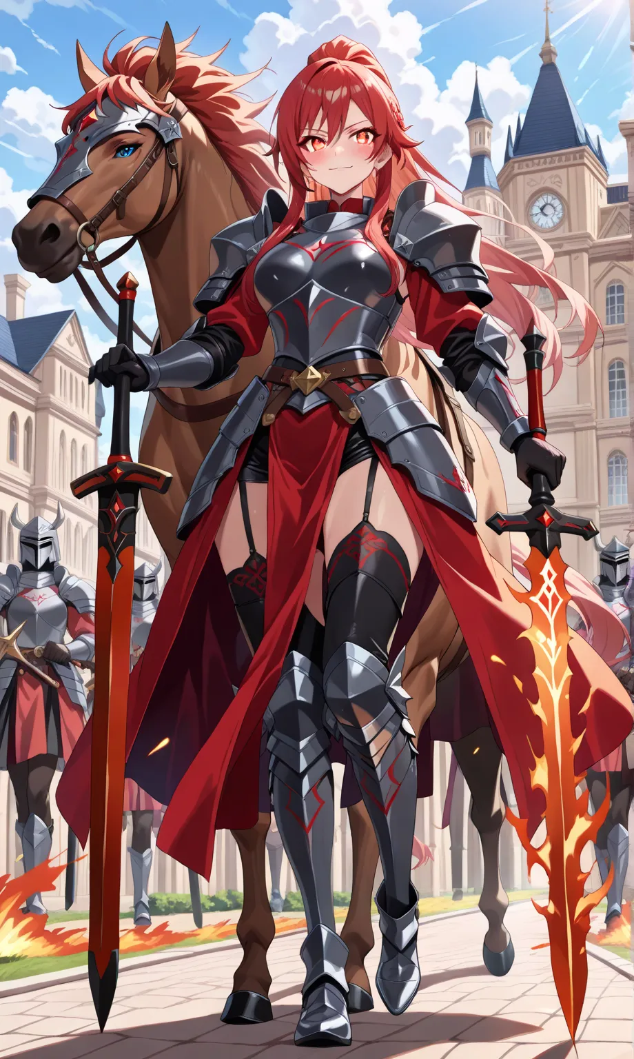 (((masterpiece, best quality, high detailed, 16k))) (1girl) A fearsome female warrior riding a crimson horse, her demonic armor a deep blood-red, with glowing embers. She wields a massive flaming sword, her eyes burning with fury. The landscape around her ...