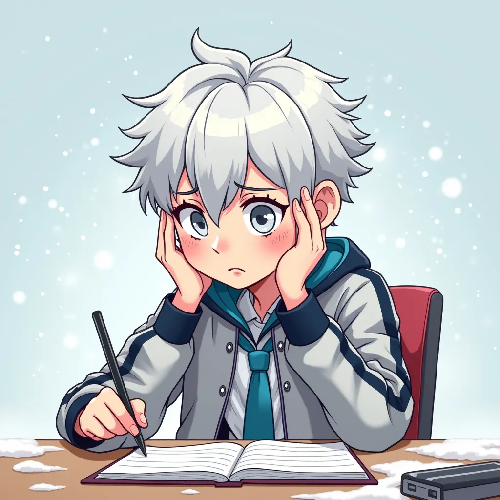 
.IP Image Design, IP Avatar Design,  Disney-style , Set of emojis , Emoji Sheet , Colorful Vector Illustration Style, 8k, Extra Wide Image. 16-year-old boy with short white hair in silver school dress sitting at work desk in frustration Cold Light,  snow ...