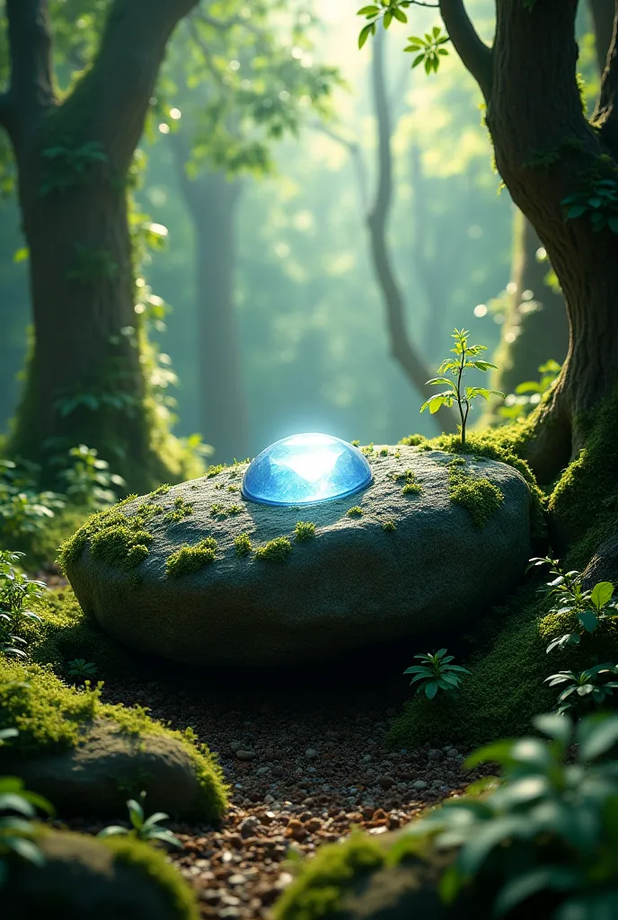 Inside a dense and dark forest, there is a large rock with a gem beneath it.

