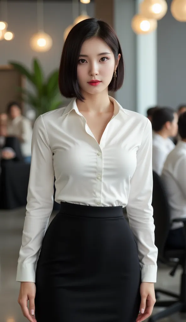 an office lady, standing in the office facing the front,  using white satin material formal shirt, use a long skirt to the legs of black color, big boobs, red lips