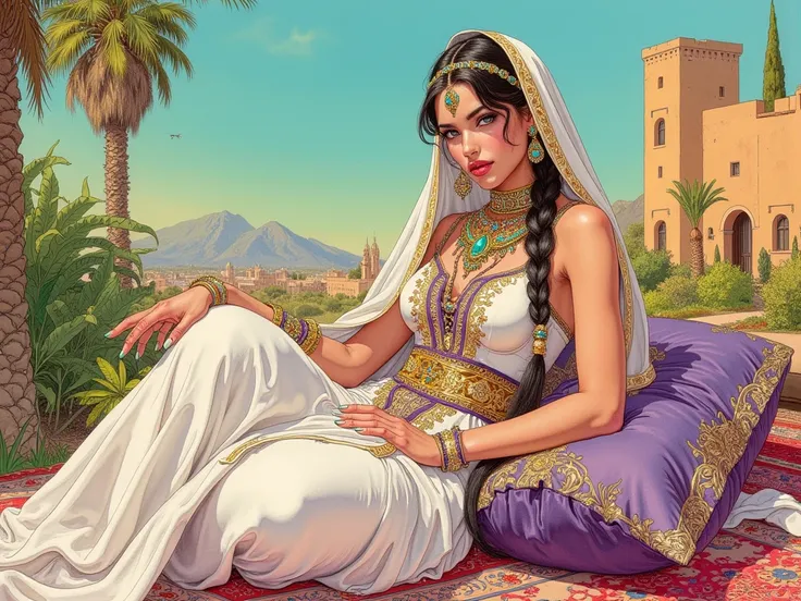 the detailed proportions and textures brushed multicolored and softened with airbrush, a semi-realistic Chinese ink illustration of a beautiful and exotic young traditional Moroccan-Arab princess (highly detailed full body and shy pose, perfect face, innoc...