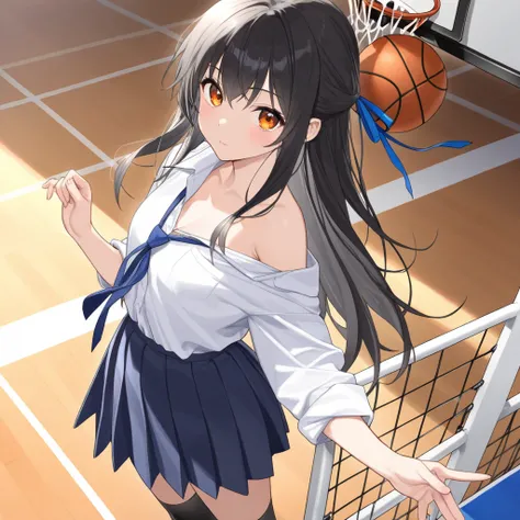 (masterpiece, highest quality:1.2)、Alone、morning、Basketball goal、 Sports、jump、break、High School Girls、 basketball club、break、shirt、Roll up your sleeves、jumpシュート、navy blue pleated skirt、blue ribbon tie、black knee-high socks、Pay attention to the thighs、Neat ...