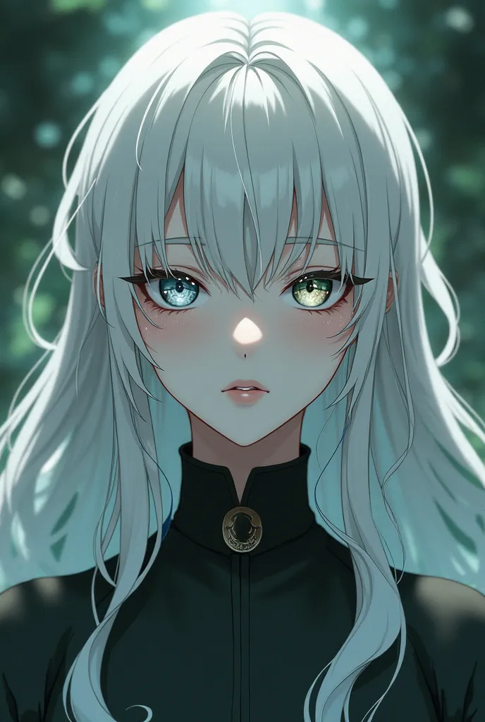 One of the anime with long wavy white hair,a gray eye and a green eye, freckles on her face and whitish skin, and MATURE appearance 