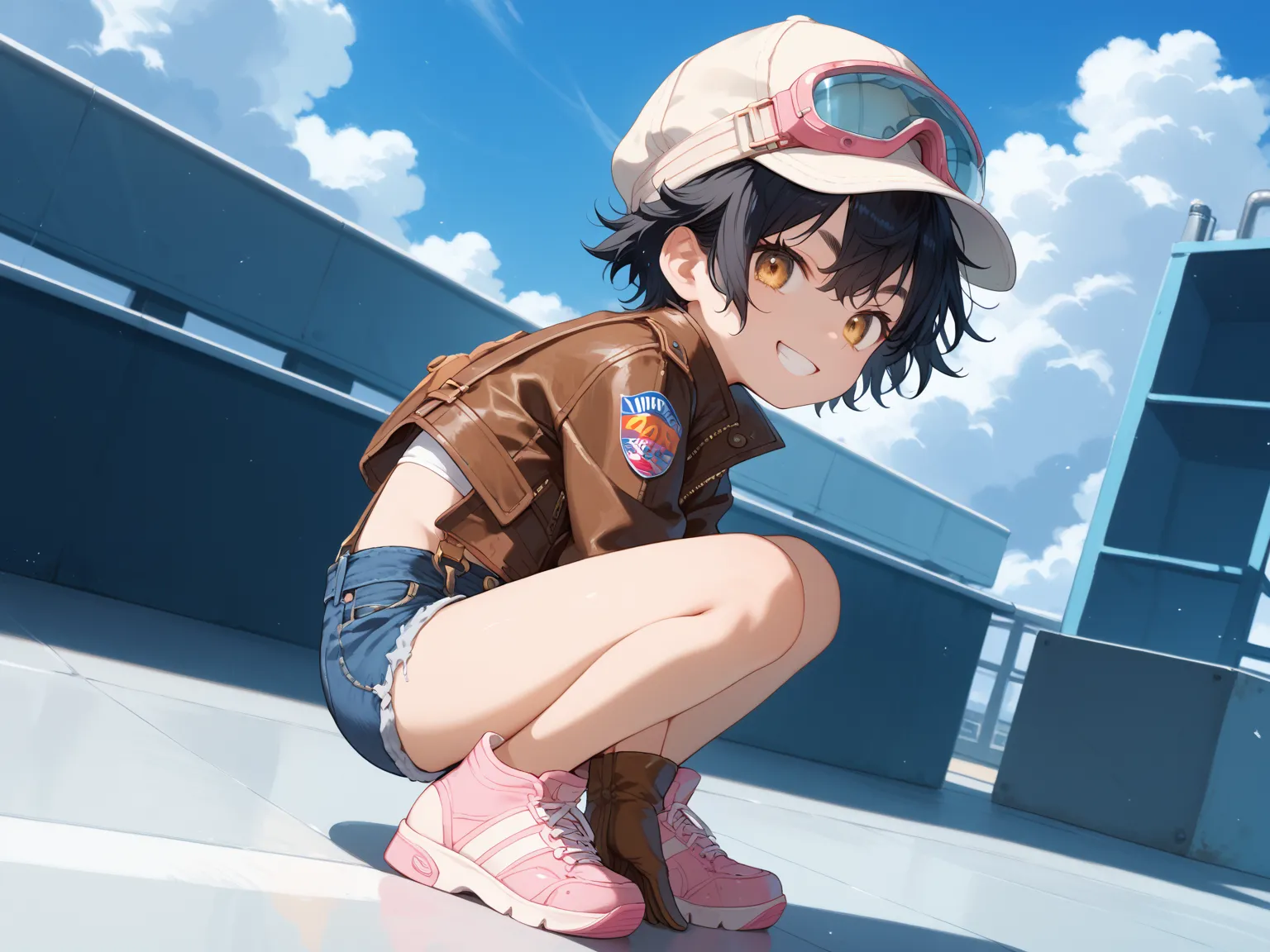 high quality,((megami magazine,anime style)),high resolution,khaki flight hat with goggles,messy hair,cool eyes, tsurime ,very short hair,black hair,gold eyes,bushy eyebrows,evil grin,white tube top,flat chest,brown leather gloves,Thumbtuck Glove ,suspende...