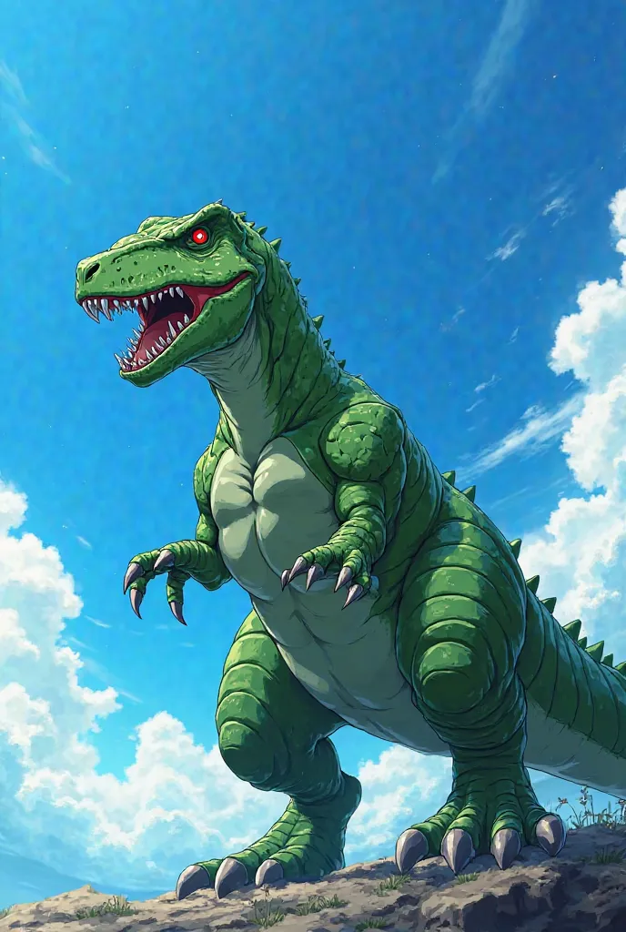  Anime style. Anime green dinosaur.  It's against the blue sky. Dinosaur stands in profile. Full-length dinosaur. The dinosaur growls