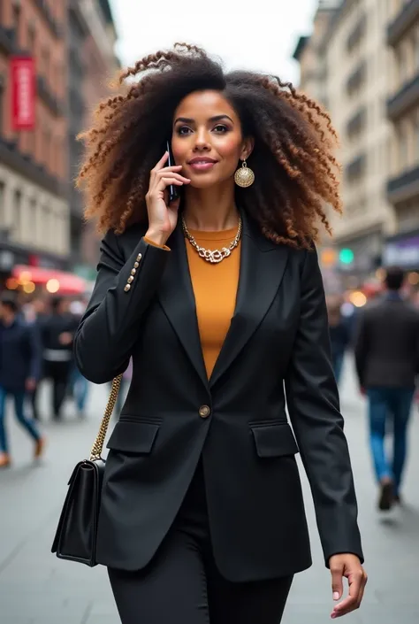  a full-bodied woman with voluminous and curly hair, wearing large round earrings, businesswoman style walking and looking forward, while talking on the cell phone, with a bustling city in the background. I hope you like it! 😊 If you need anything else, I'...