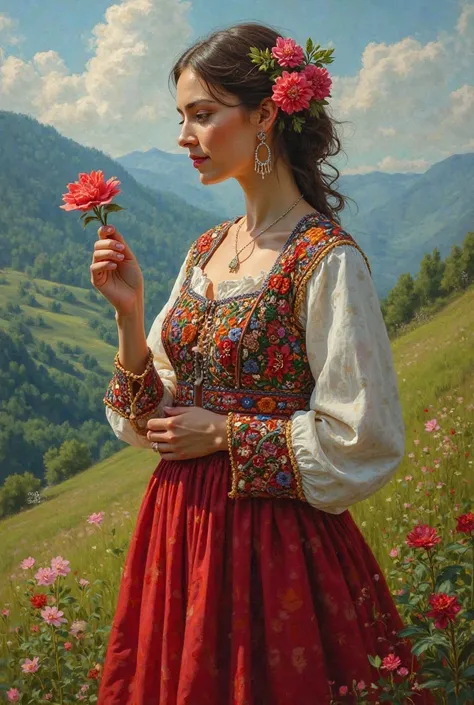 Bulgarian women wearing bulgarian folklore dress . In her hands she hold a flower