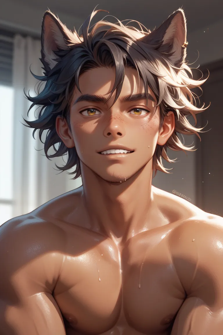 1 male, he has warm tan skin, he has two black wolf ears, he has one wolf tail, he has sharp jawline and high cheekbones, he is very attractive, he has black long messy hair.