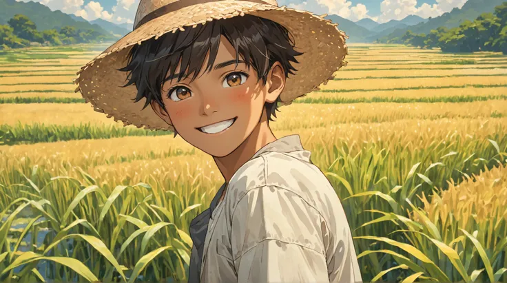 A smiling short dark hair boy with tan skin and brown eyes wearing a straw hat standing in the rice field