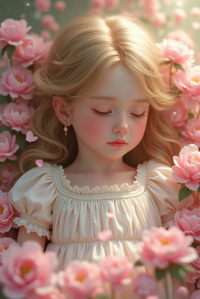 a sweet young maiden girl with blonde hair and feminie white dress sleep on the pink petal her hair a bit cover her face she is pure and gentle