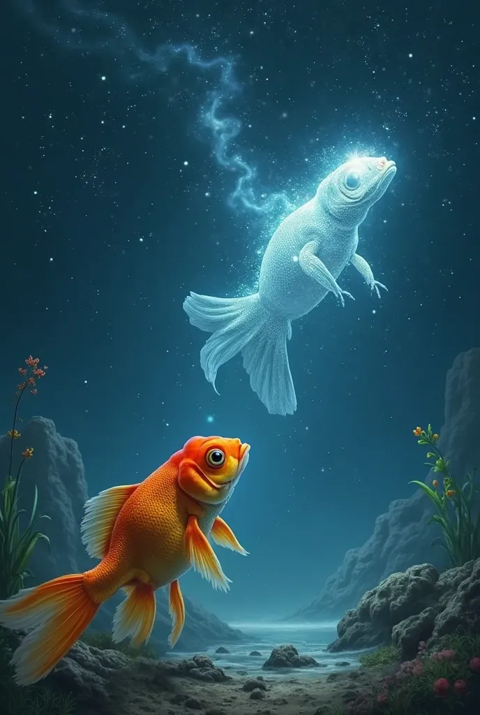 Goldfish looking up in the night sky at a mosasaurus ghost