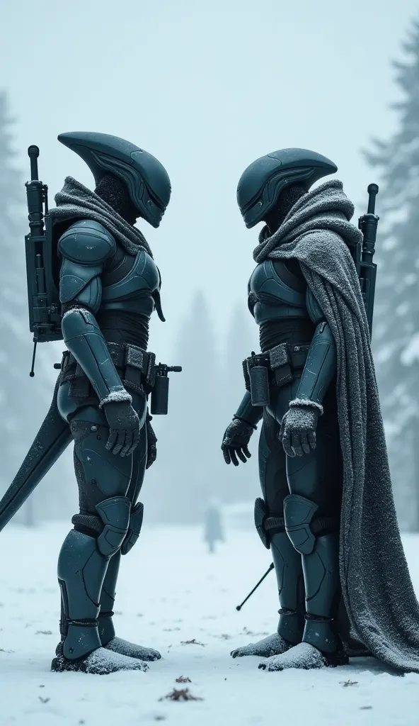 Weapons Lowered, An Unspoken Truce – A striking image of alien and human soldiers standing face-to-face in the snow, their weapons now at their sides. Steam rises from their breath in the freezing air as they silently acknowledge each other’s strength.