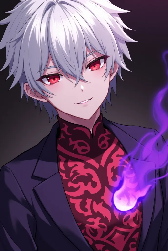 An anime-style male character looks at the camera. one white , the other one is burning with purple fire. Demon eyes, Smiles, like a villain. He is wearing a dark purple, and his chest has detailed scarlet patterns.  His white hair . 