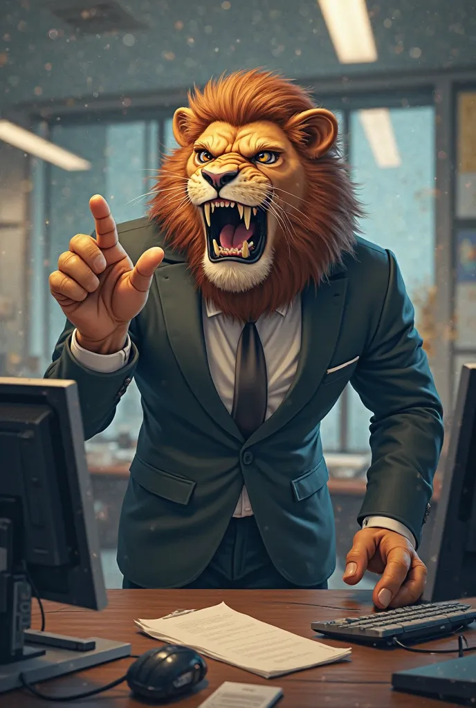 The lion boss wears uniform clothes working in office get very angry when he saw his computer broken and then he pointed his finger to get out of here