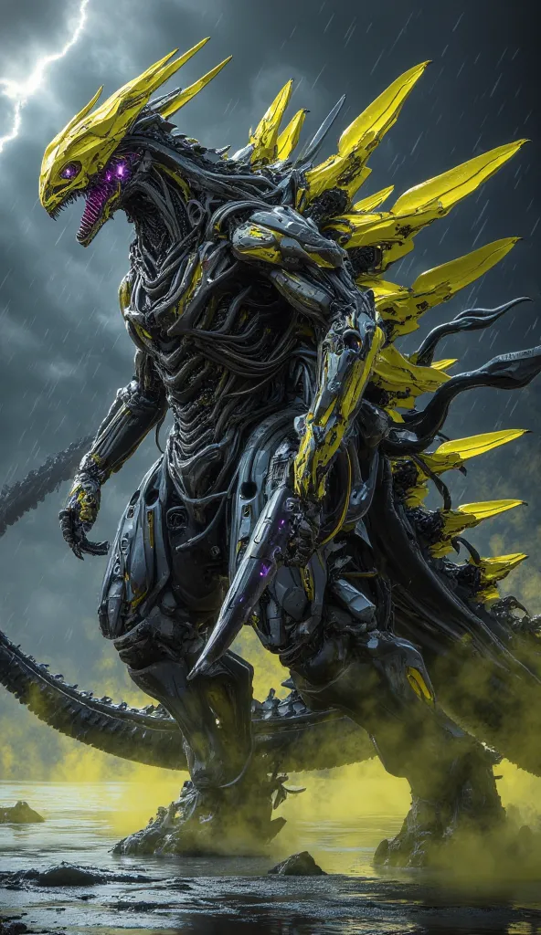 Hyper realistic image. High quality, 8K Ultra HD. Godzilla corrupted by the Banana Virus, an abomination that fuses his radioactive essence with cybernetic machines and organic mutation. is walking. His scaly skin is now a patch of corroded metal plates, w...