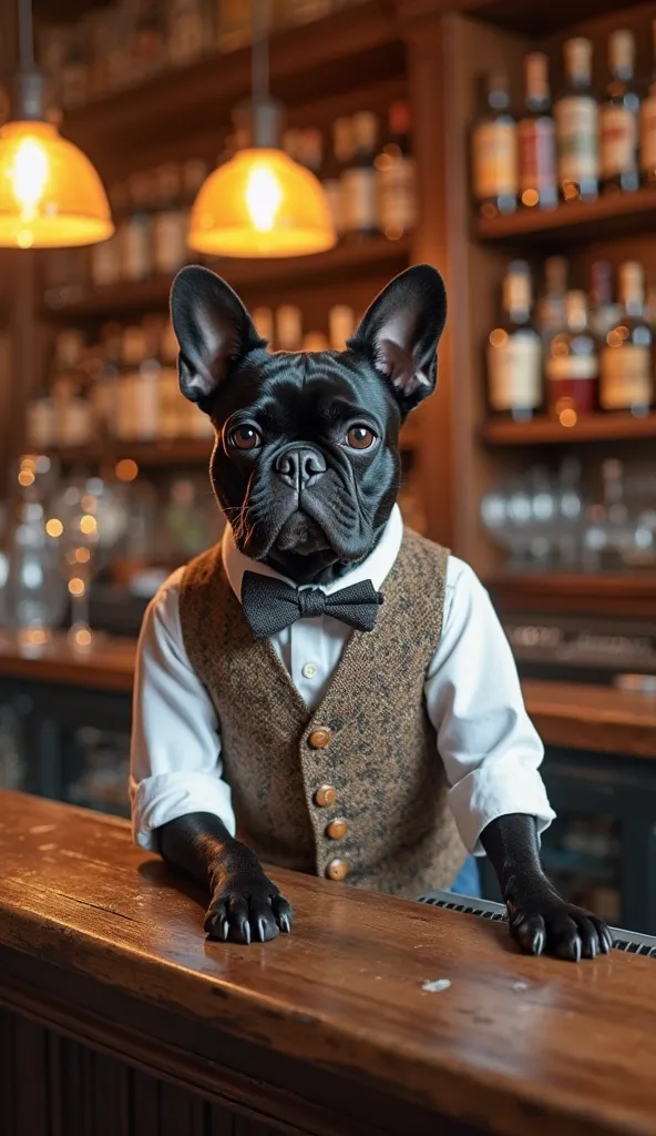 A sophisticated French bulldog sitting confidently on a vintage wooden bar counter in a cozy, warmly lit pub. The dog wears a finely tailored tweed vest with wooden buttons, a crisp white shirt with rolled-up sleeves, and a matching bowtie, exuding old-fas...