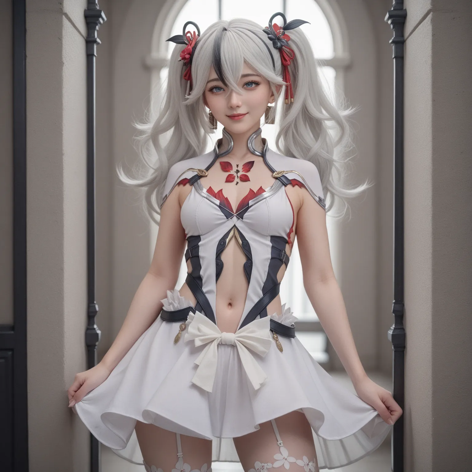 camellya, long hair, twisted hair, blue eyes, twintails, white hair, black streaks, hair flower, Medium chest, dress, white dress, jewelry , light smile, navel cutout, clothing cutout, flower thighhigh, white thighhigh, glossy skin, glistening skin, lookin...