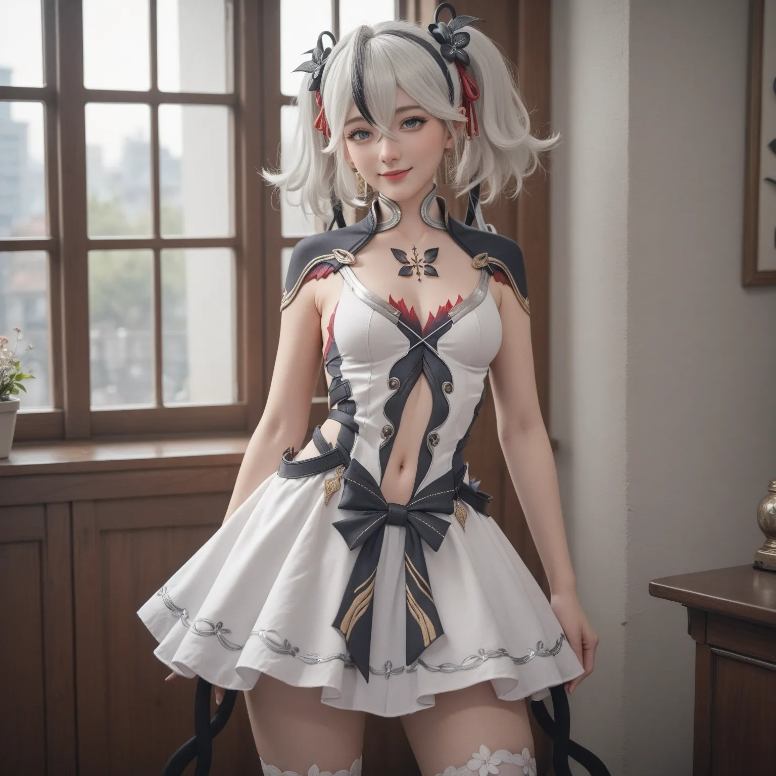 camellya, long hair, twisted hair, blue eyes, twintails, white hair, black streaks, hair flower, Medium chest, dress, white dress, jewelry , light smile, navel cutout, clothing cutout, flower thighhigh, white thighhigh, glossy skin, glistening skin, lookin...