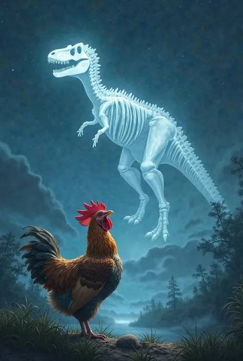 Chicken looking up in the night sky at a Trex ghost