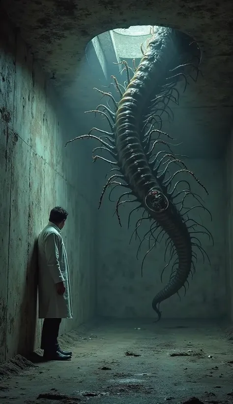 "A realistic, high-definition scene set inside a dimly lit underground bunker, where a stranded scientist presses his back against the cold, damp wall. A strange clicking echoes from the vents above. Then, slowly, a monstrous centipede descends from the ce...