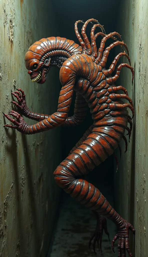 "A realistic, high-definition depiction of a centipede-human hybrid clinging to the bunker’s walls, its elongated, nightmarish form twisted into something unholy. Its humanoid torso is covered in glossy, segmented chitin, its arms elongated and lined with ...