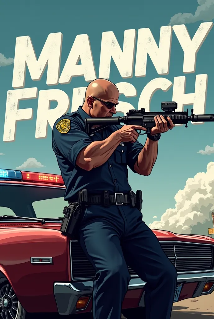  Create an image in this 1200 x 480 format of an American cop leaning against his car who aims at you with a tactical rifle and behind the sky there is a large inscription with this name Manny Fresch with a style like GTA Five 