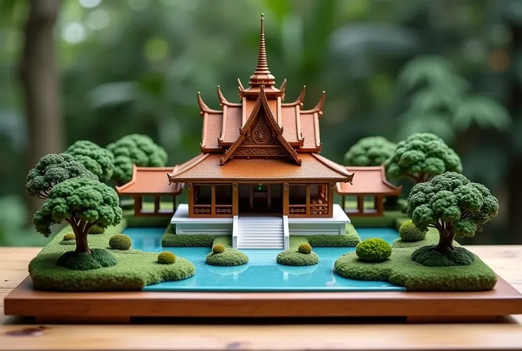 Highly detailed miniature model of a complex Thai temple with moat and Japanese garden. Molded under glass. Highly detailed and high quality 8k image. Displayed on an oak table. Highly detailed and high quality 8k image.