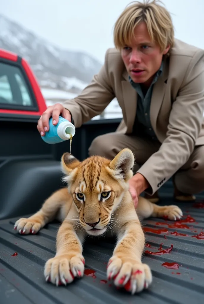 A young lion cub, light brown in color, lies injured in the bed of a red pickup truck. The cub is positioned in the lower center of the image, its body angled diagonally across the truck's bed. Visible wounds are covered in blood, and a person's hand is po...