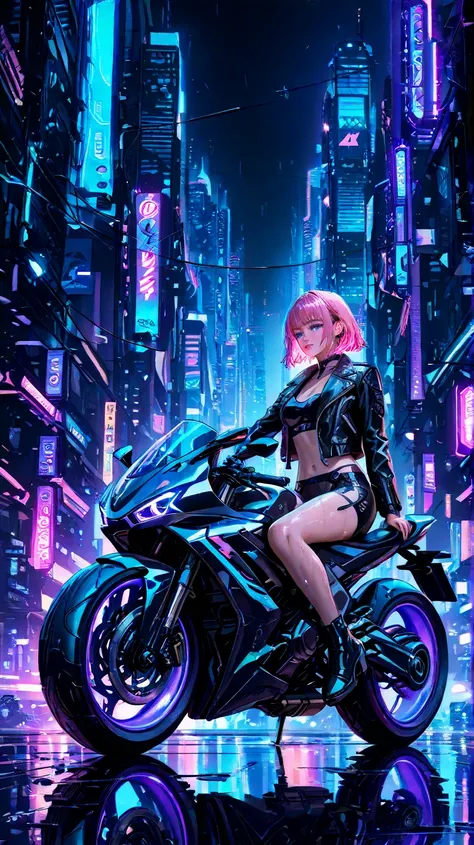 A female cyberpunk biker with vibrant pink hair and leather jacket with purple LEDs. She is seated on a black futuristic motorcycle with neon blue details, on a suspended highway in the middle of a city full of illuminated skyscrapers. The reflection of th...