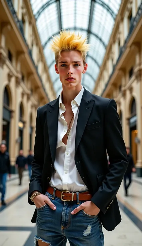 portrait of Very handsome white blond  teeeeen ager wearing modern  summer expensive cloths  with punk hair style in Galleria Vittorio Emanuele II  in Milan.  realistic photo