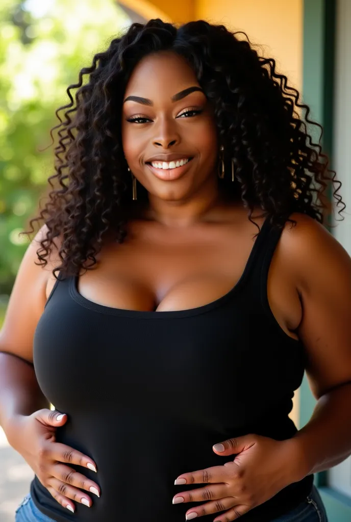 Chubby black brasilian long curly woman with black tank top taking selfie from above pressing the waist close up in the afternoon 