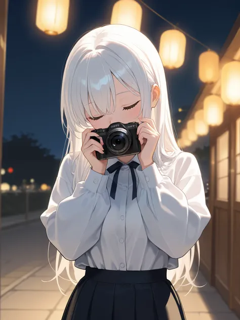  masterpiece,best quality ,  latest , high resolution， girl，long white hair,night，Kissing posture， facing the camera