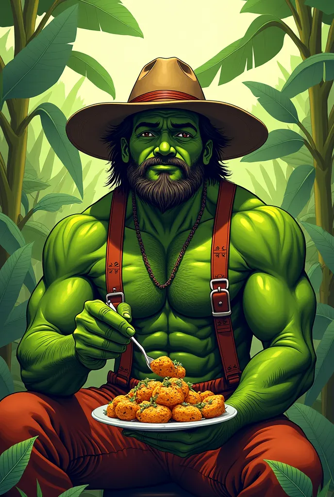 Green man like comic book farmer who works in banana cultivation, 30-year-old South American, muscular man with hat, color green, Sitting, eating Ecuadorian food with a spoon