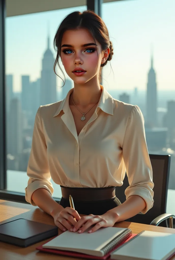 Transform the girl in the photo into a beautiful secretary without taking away the beauty of the young woman in the photo