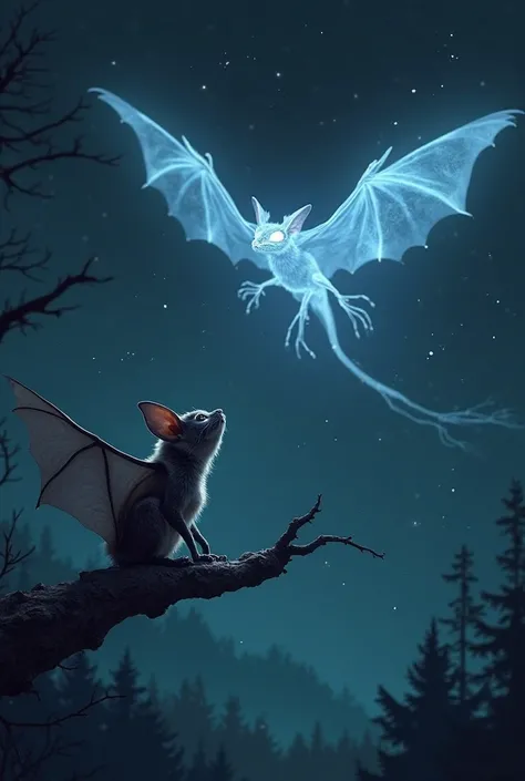 Bat looking up in the night sky at a pteranodon ghost