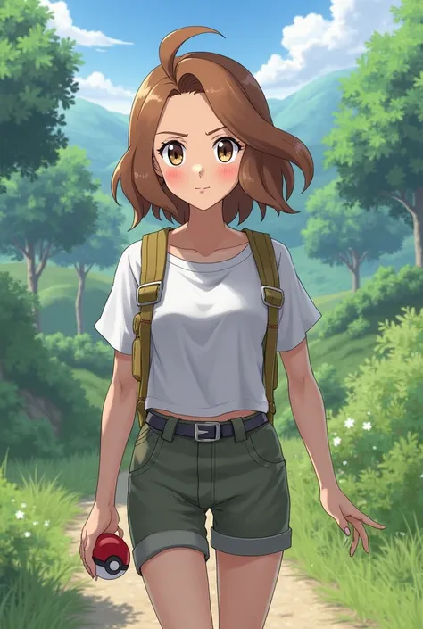 Pokemon trainer girl with pale skin and brown eyes and brown mi long hair 18 years old 