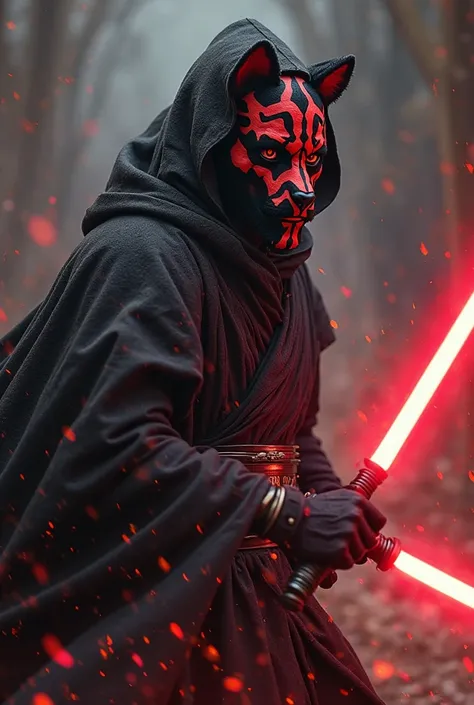 Darth Maul、The face is a Shiba Inu、Darth Maulの赤色のライトセーバー、black long coat with hood、Dark Side、 Star Wars 、greatest masterpiece,high image quality、