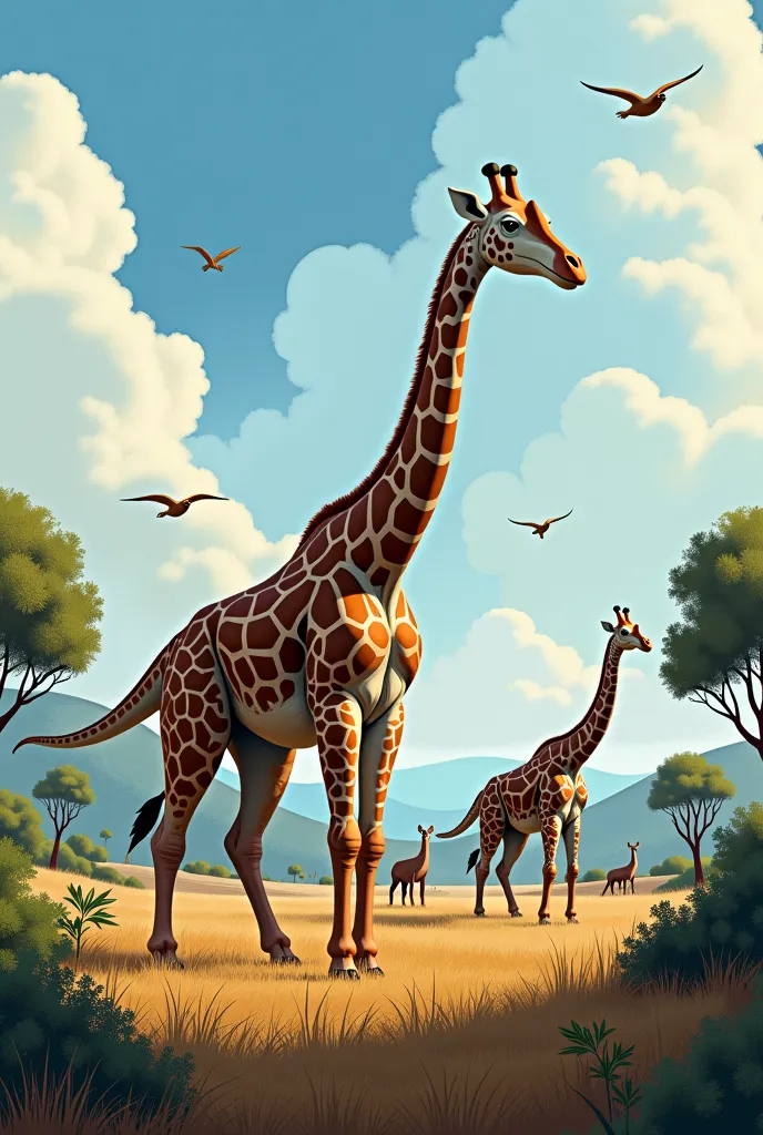 araffes and other animals in a field with trees and bushes, an illustration of by Matija Jama, trending on pixabay, fantastic realism, brachiosaurus, dinosaurs, jurassic image, realistic paleoart, at the time of dinosaurs, realistic photography paleoart, p...